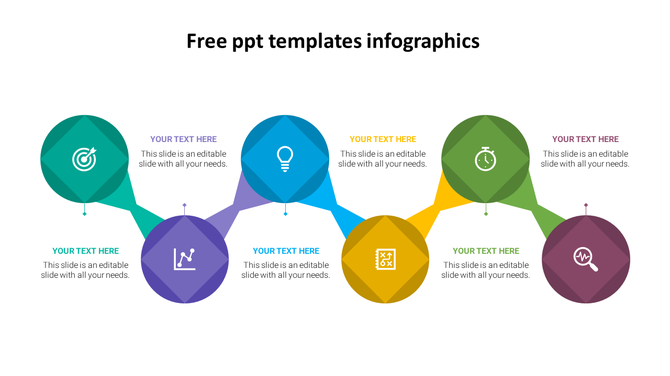 Colorful circular infographic showing a chain of seven nodes with icons and placeholder text sections underneath each.