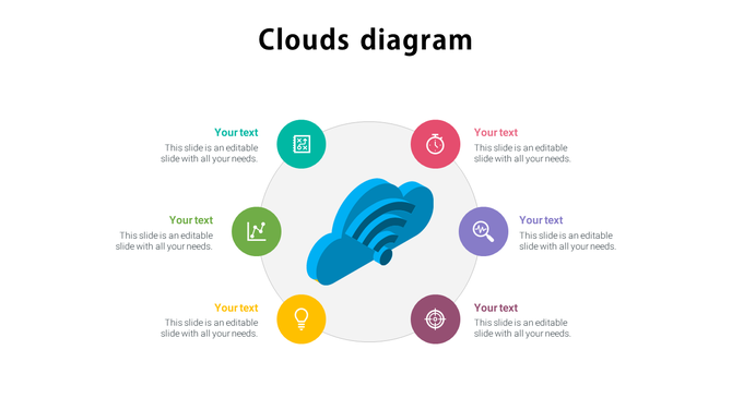 Slide with a central 3D blue cloud symbol, linked to six labeled circles in red, purple, brown, yellow, green, and teal.