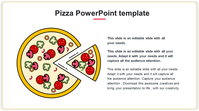 Illustration of one slice removed pizza with various toppings, and text on the right side.