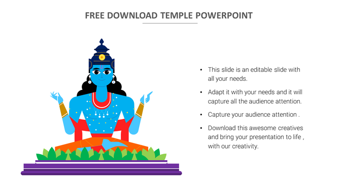 Illustration of a blue deity on a purple base with green plants, and a text area on the right.