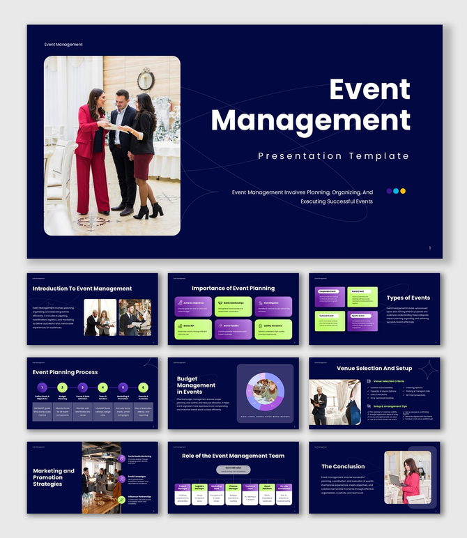 Event Management slide template featuring planning process, budgeting, team roles, marketing strategies, and event execution.