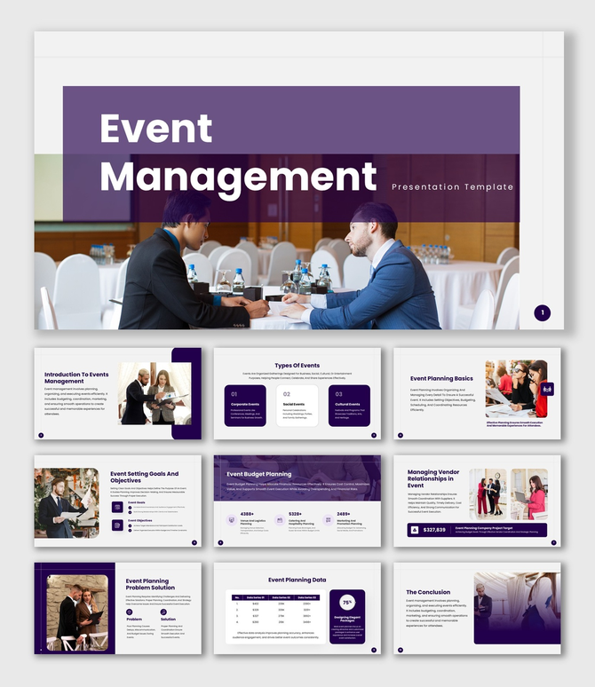 Event management PPT with purple theme, visuals, icons, and clean layouts to plan, organize, and present events effectively.