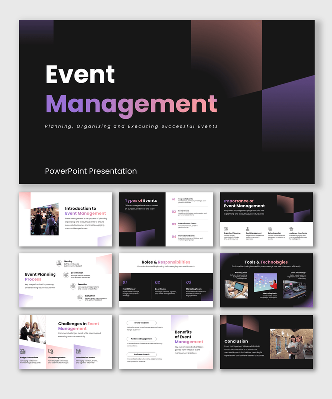 Colorful diamond icons on the left, with a pink rectangular title area on the right set against a dark background.