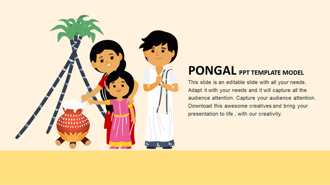 Illustration of a family celebrating Pongal with a decorated pot on fire and sugarcane stalks in the background.