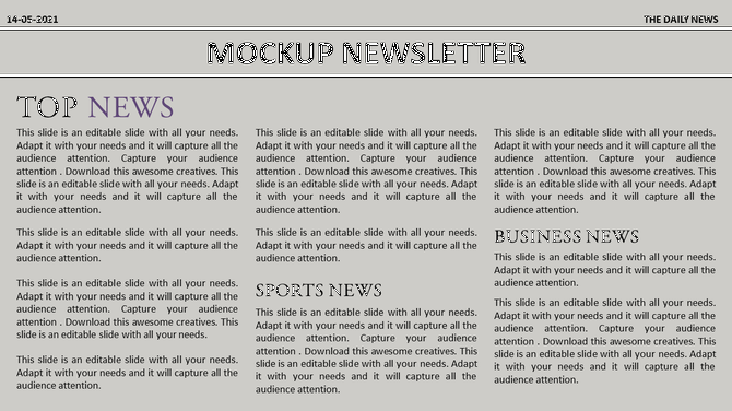 Mockup of a newsletter template featuring top news, sports news, and business news sections with content.