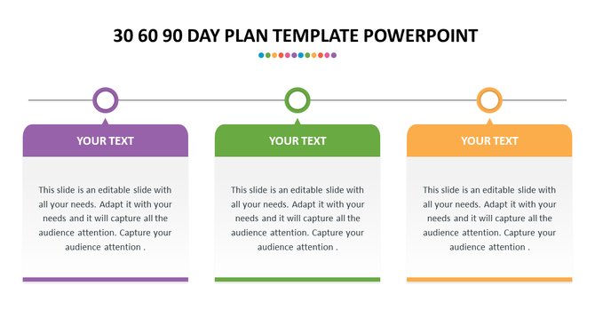 30-60-90 day plan slide with three rectangular sections in purple, green, and orange, connected by a horizontal line.