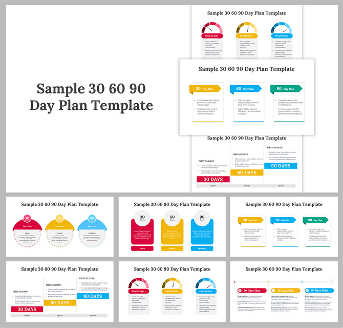 Grid of sample 30-60-90 day plan templates featuring colorful layouts in red, yellow, and blue with text sections and icons. 