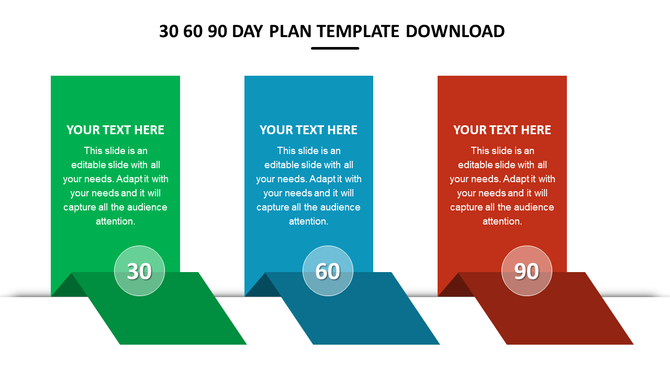 30 60 90 day plan PPT slide with 3 sections in green, blue, and red, each containing text placeholders on a white backdrop.