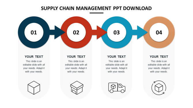 Supply chain infographic with four circular steps in black, red, blue, and brown arrows, each connected with icons below.
