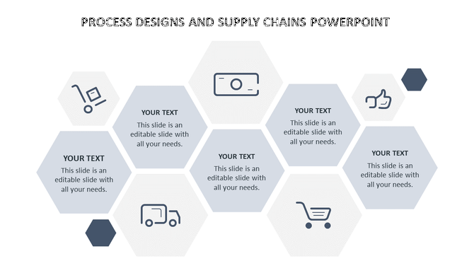 Process and supply chain layout with light and dark hexagons containing icons and editable text in a balanced arrangement.