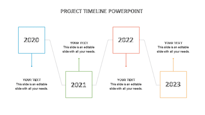 Project timeline PowerPoint slide with four years and text placeholders for each on a white backdrop.