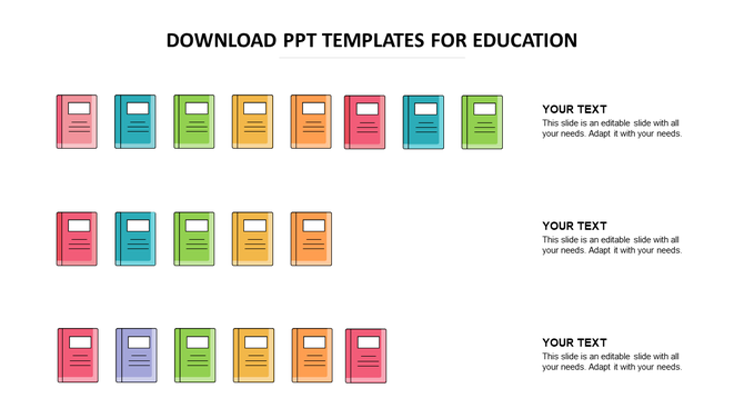 Illustration of multiple book icons in various colors, arranged in three rows with text placeholders on the right.