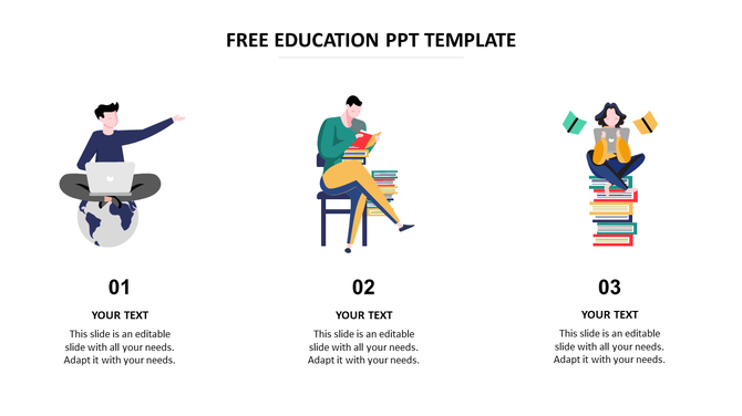 Education PowerPoint template with three people engaged in learning activities with placeholder text.