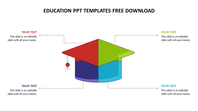 Education slide with a multicolored 3D graduation cap in the center, connected to four text boxes with dotted lines.