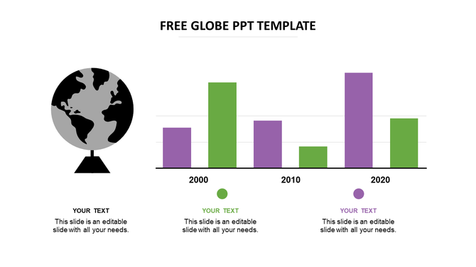 Free globe themed slide with a black and white globe illustration and a bar chart comparing data for 2000, 2010, and 2020.