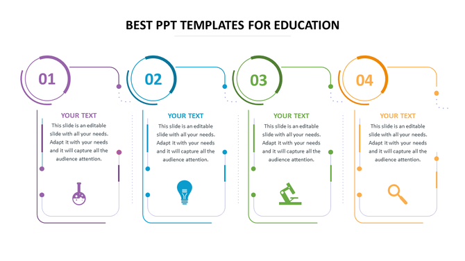 Four circular numbered sections in purple, blue, green, and orange with curved connectors leading to text and icons below.