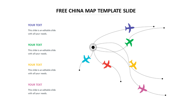 China map slide with curved flight paths from a central hub, each linked to colored airplanes and matching text boxes.