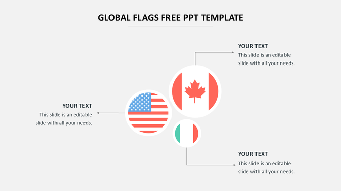 Global flags PowerPoint template featuring flags of the USA, Canada, and Italy with text placeholders.