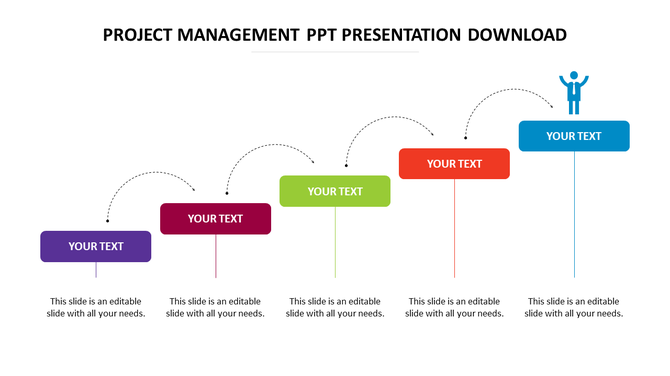 A project management PowerPoint template with colorful stages and a character at the final stage with placeholder text.