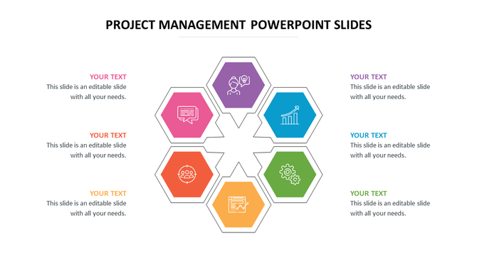 Project management diagram with seven hexagon-shaped icons in a ring, each symbolizing different functions.