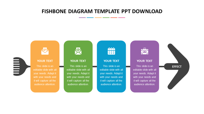 Infographic with four rounded rectangles in orange, green, blue, and purple connected to a black fishbone shaped arrow.