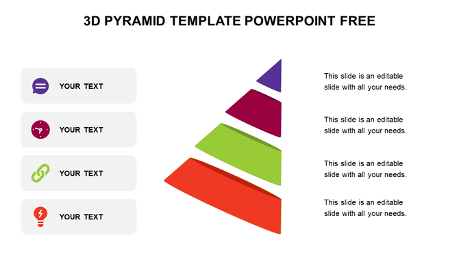 Slide with a 3D layered pyramid in purple, red, green, and orange alongside matching text boxes with icons.
