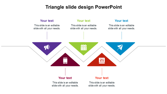 PPT slide with a triangle design featuring colorful sections and icons from sound to paper plane with placeholder text.