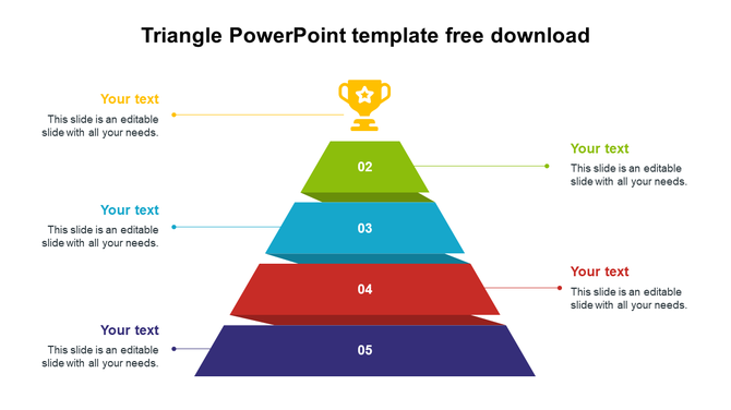 Five tiered pyramid with numbered layers in purple, red, blue, green, and yellow, topped with a trophy icon, each with text.