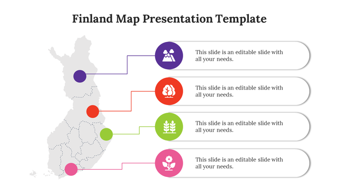 Map of Finland with colored dots marking regions and connected text boxes, each with space for content.