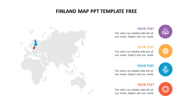 Map of Europe highlighting Finland, with four colorful icons and text placeholders on the right.