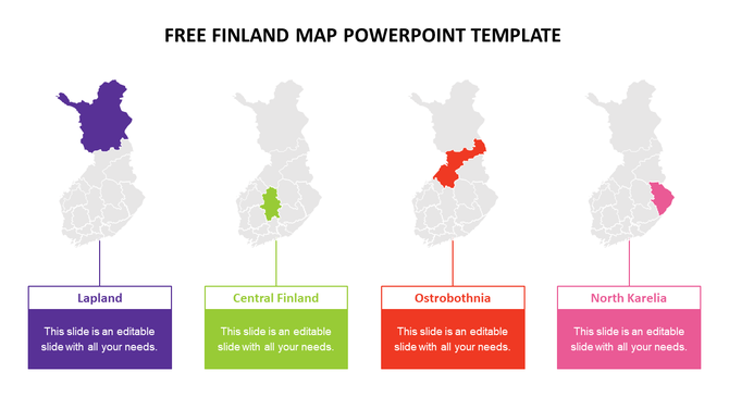 Slide featuring a finland map with four highlighted areas alongside captions.