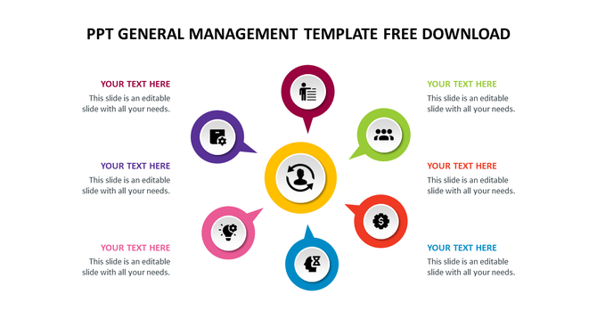 PPT template featuring colorful speech bubbles with icons representing different management concepts, each with text.