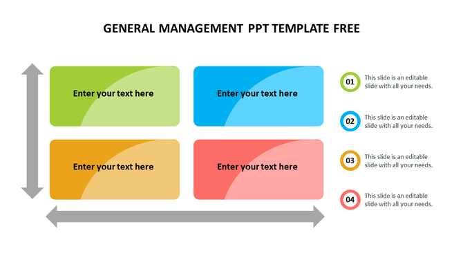 General management PowerPoint template with four boxes and corresponding numbered steps with placeholder text.