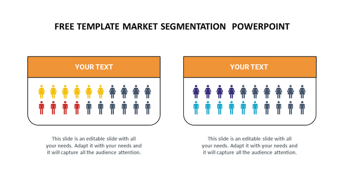 Market segmentation template with two sections, each featuring a row of figures representing in various colors. 