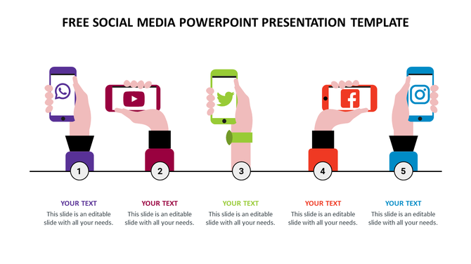 Social media-themed slide with hands holding phones, each displaying a social media platform icon and caption areas.