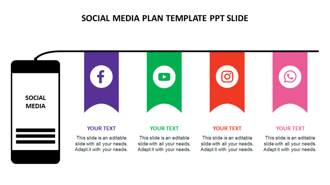 Social media plan slide featuring a smartphone icon labeled social media with four colored flags below with caption areas.
