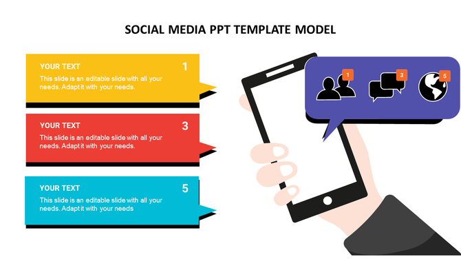 Social media PPT slide with a hand holding a phone displaying a notification bubble with icons and colorful placeholder text.