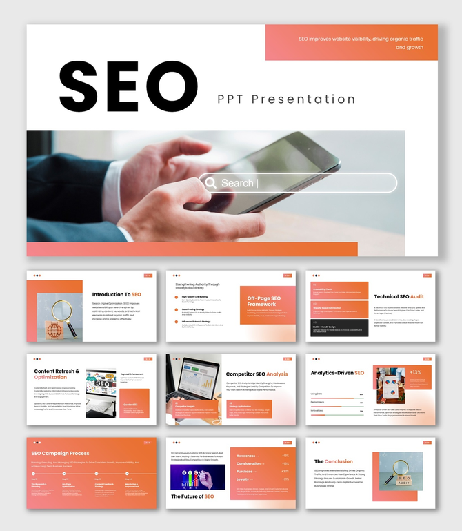The SEO PPT Presentation with search bar on phone, audit slides, analytics charts, and optimization strategy layout.