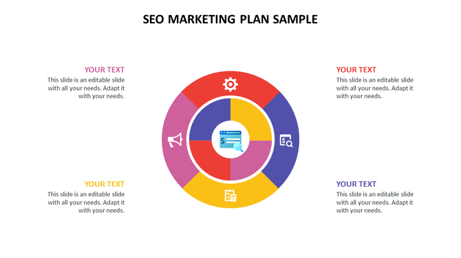SEO marketing plan sample PPT slide with colorful circular flow chart and icons representing different aspects of marketing.