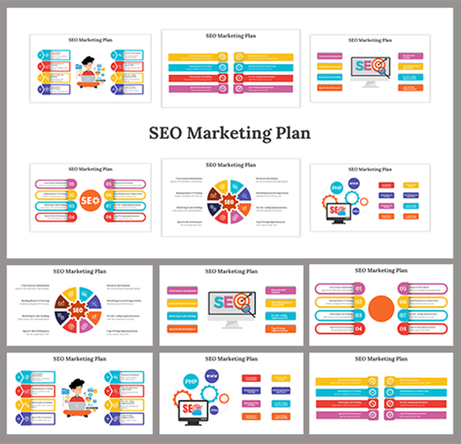 Collection of SEO marketing plan slide deck featuring colorful charts, infographics, and icons.
