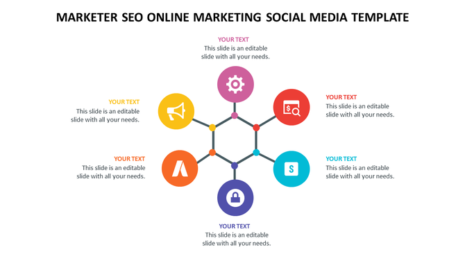 Hexagonal network infographic showing six icons for SEO, advertising, social media, and online marketing elements.