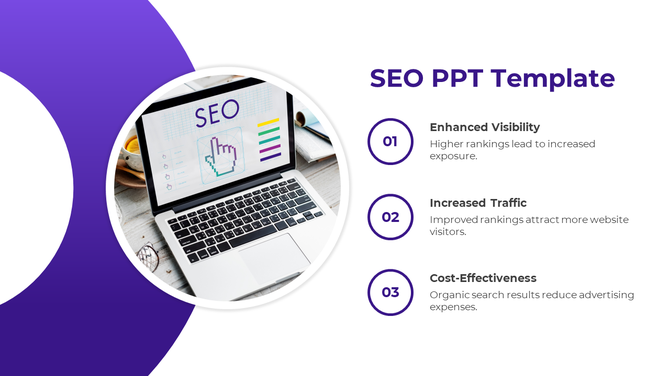 SEO PowerPoint template with a laptop, SEO graphic, and key benefits like visibility, traffic, and cost effectiveness.