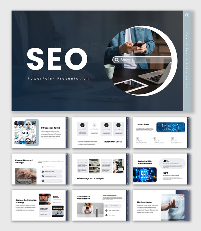The SEO presentation design with search bar UI, device screen, keyword research, technical and content SEO slides.
