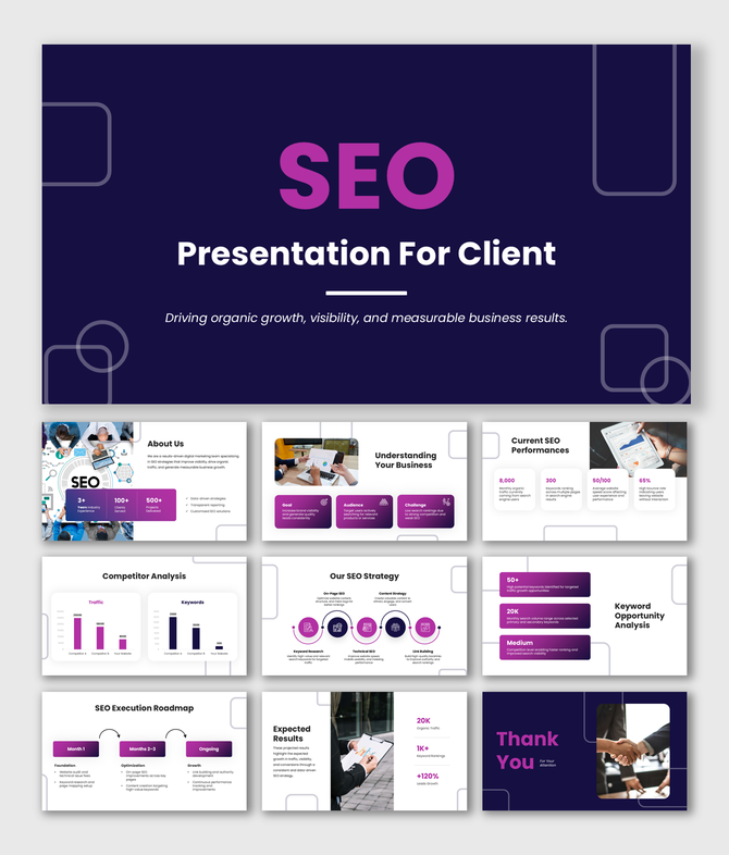 SEO for client presentation with dark theme, charts, strategy layouts, icons and clear text blocks for business growth.
