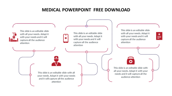 Six step medical layout featuring red icons in outlined boxes, linked by dotted paths and text beneath each symbol.