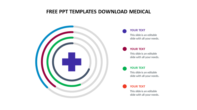 Medical PowerPoint template featuring colored rings and a central medical cross symbol with placeholder text.
