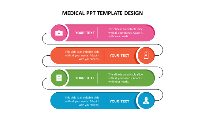 Medical themed slide with four horizontal banners in pink, red, green, and blue, each featuring a circular icon.
