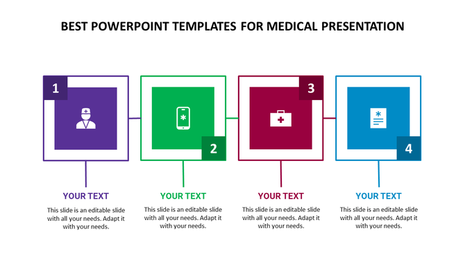 Medical PPT slide with colorful sections for a doctor, mobile health, first aid kit, and medical document on a white theme.