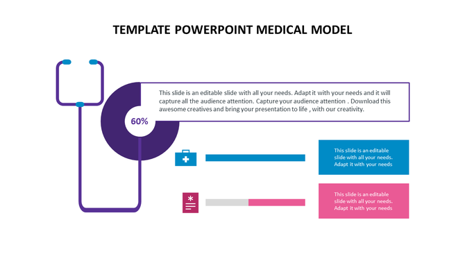 Medical slide with a purple donut chart showing 60%, connected to stethoscope lines and icons with placeholder text blocks.