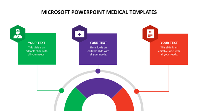 Medical slide featuring icons for a doctor, first aid kit, and medical document with colorful circular progress indicators.